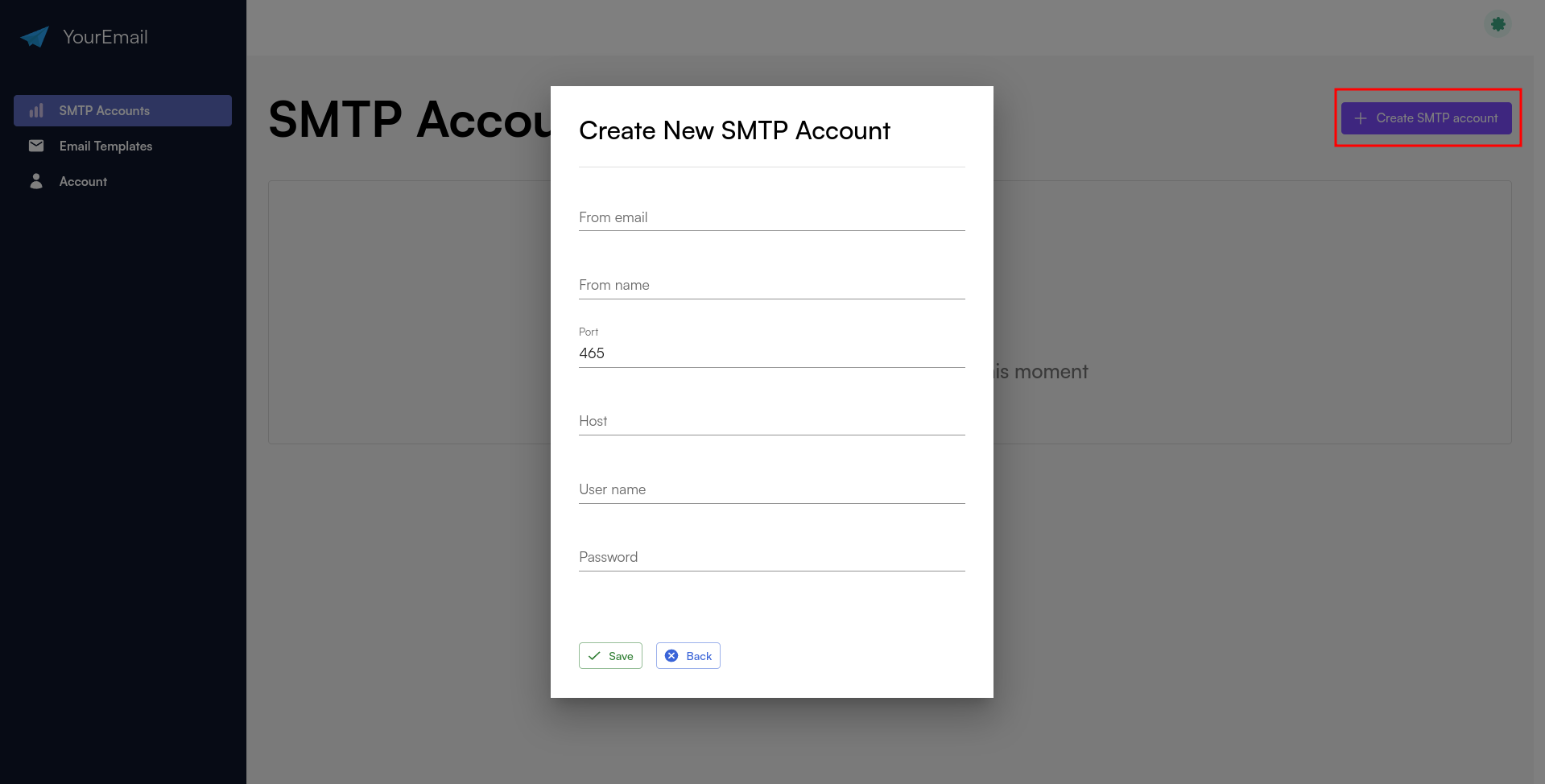How to create smtp account in youremailapi